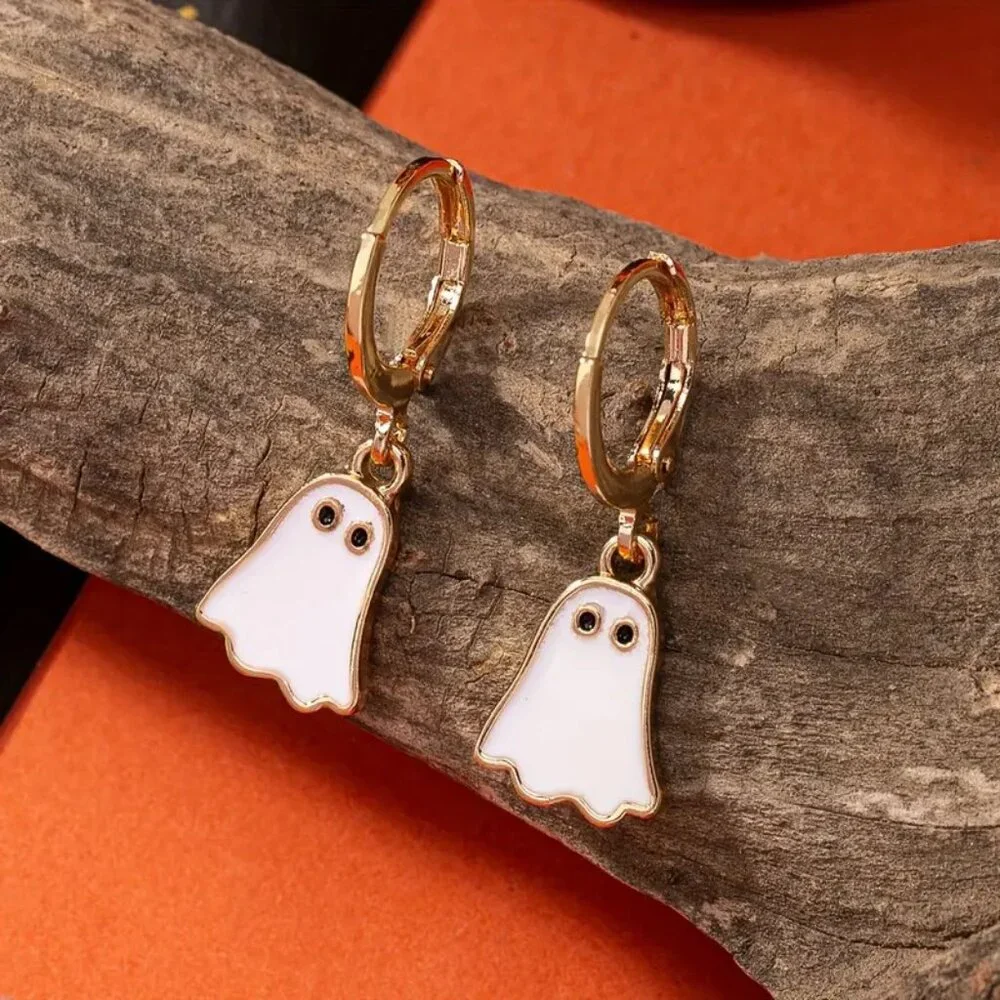 Halloween Ghost Earrings Dangling Huggie White Gold Tone 1.18